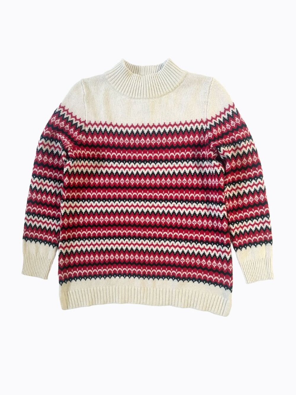 Fair Isle Red Cream Wool Blend Sweater S Mock Neck Thermolite Nordic Apres Ski